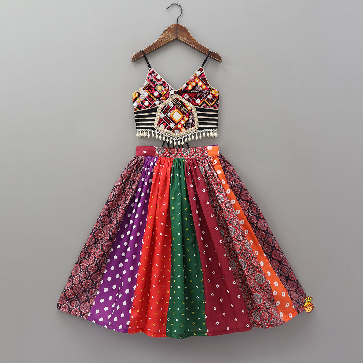 Strappy Mirror Embroidered Top With Lehenga And Bandana With Potli Bag