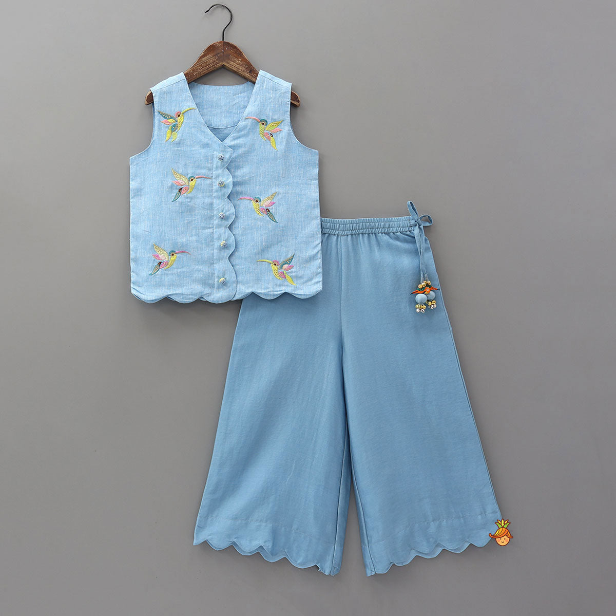 Bird Motif Embroidered Top And Scalloped Palazzo