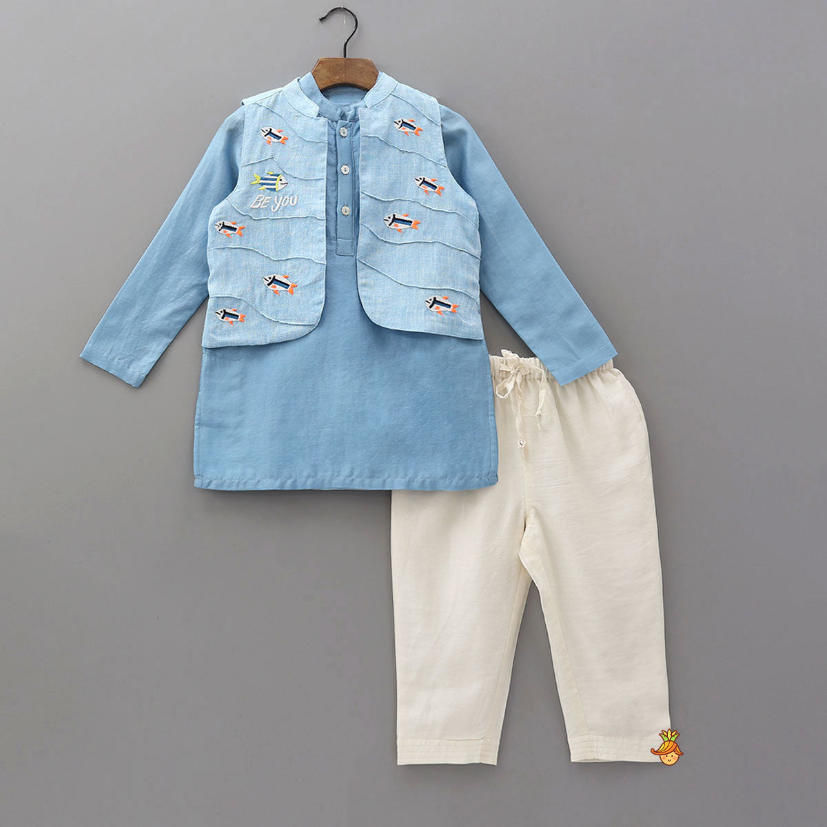 Ethnic Kurta With Fish Motif Embroidered Jacket And Pyjama