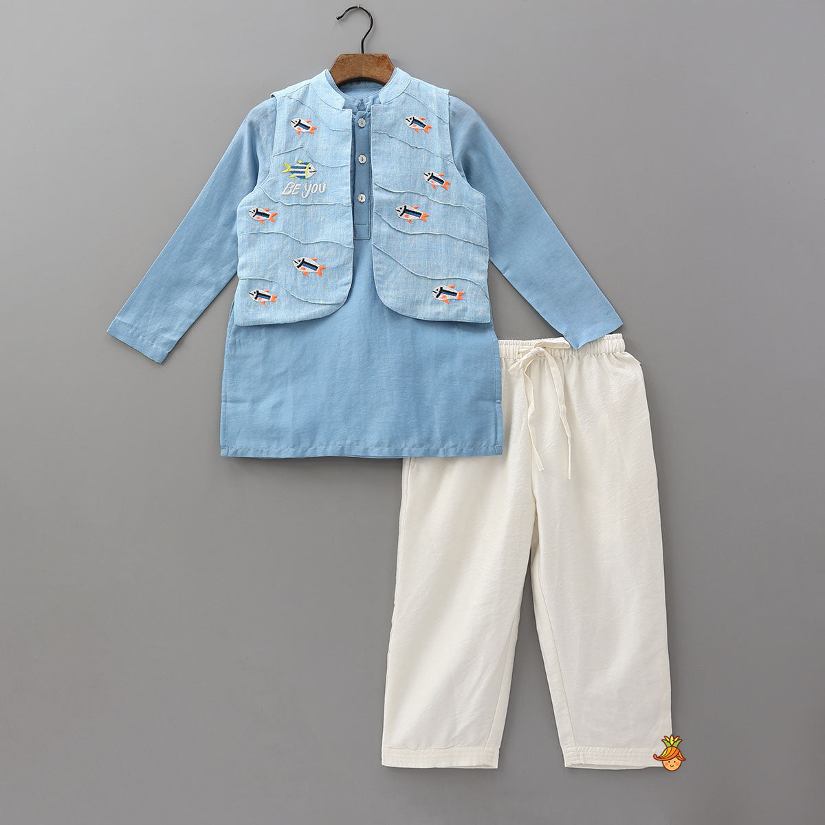 Ethnic Kurta With Fish Motif Embroidered Jacket And Pyjama