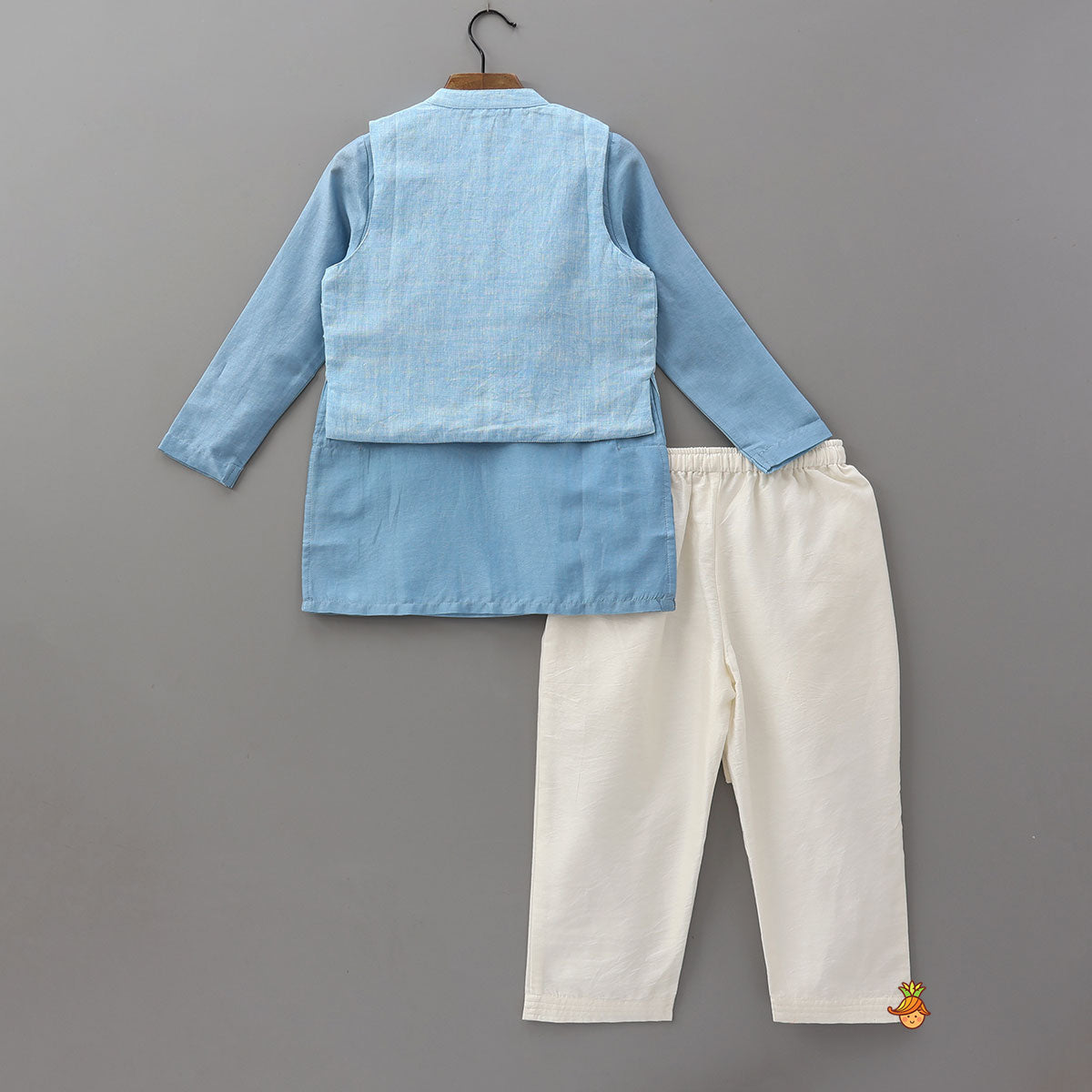 Ethnic Kurta With Fish Motif Embroidered Jacket And Pyjama