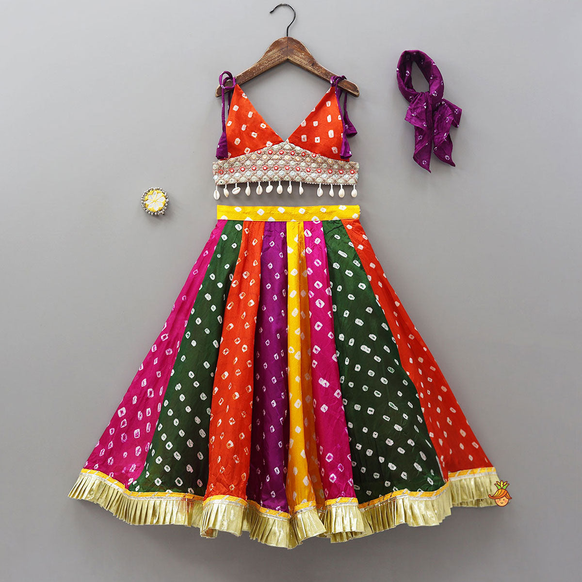Bandhani Printed Tie-Up Strap Crop Top And Lehenga With Bandhana And Mirror Hair Clip