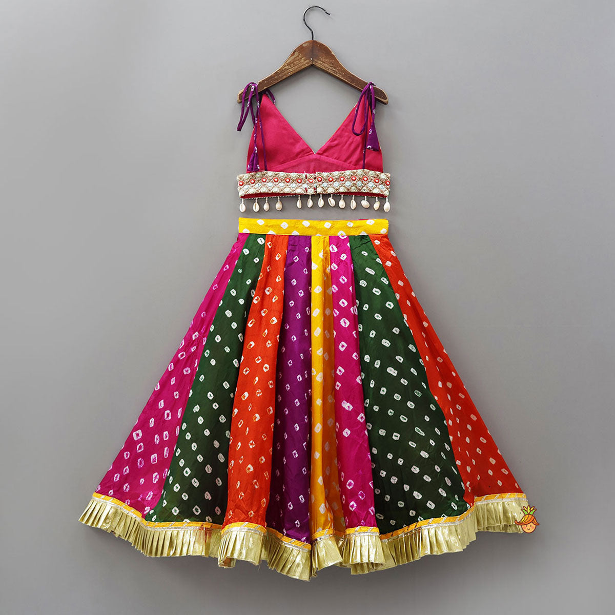 Bandhani Printed Tie-Up Strap Crop Top And Lehenga With Bandhana And Mirror Hair Clip