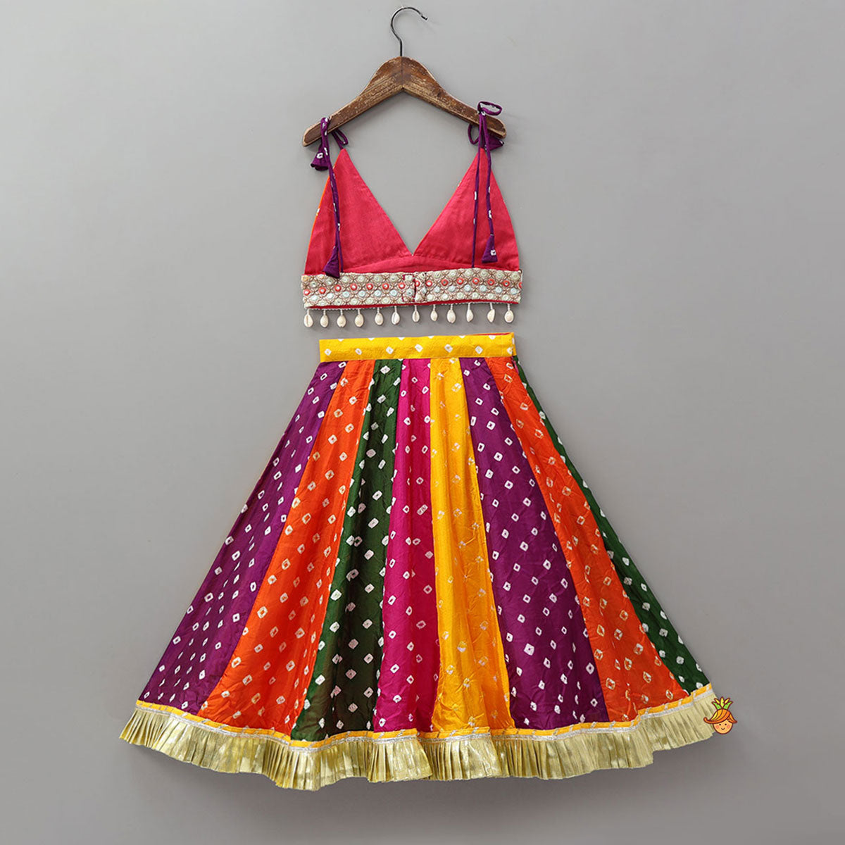 Bandhani Printed Tie-Up Strap Crop Top And Lehenga With Bandhana And Mirror Hair Clip