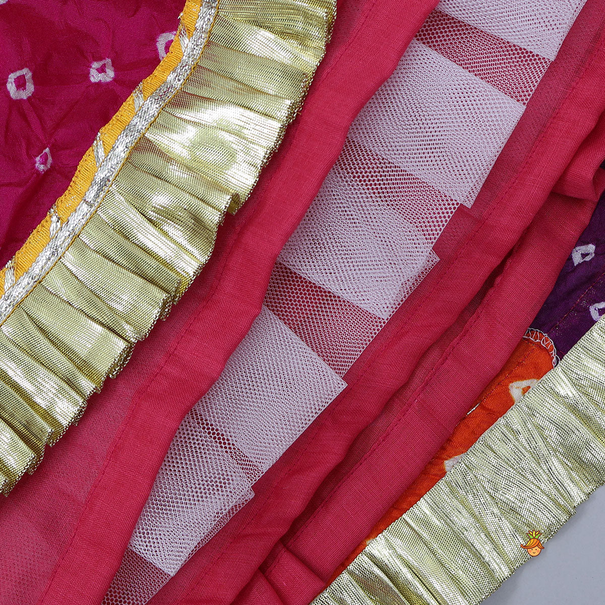 Bandhani Printed Tie-Up Strap Crop Top And Lehenga With Bandhana And Mirror Hair Clip