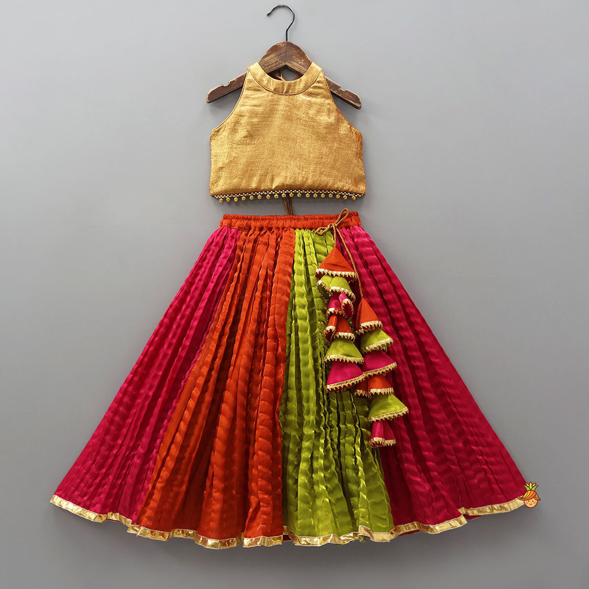 Sheen Finish Halter Neck Crop Top With Crushed Lehenga