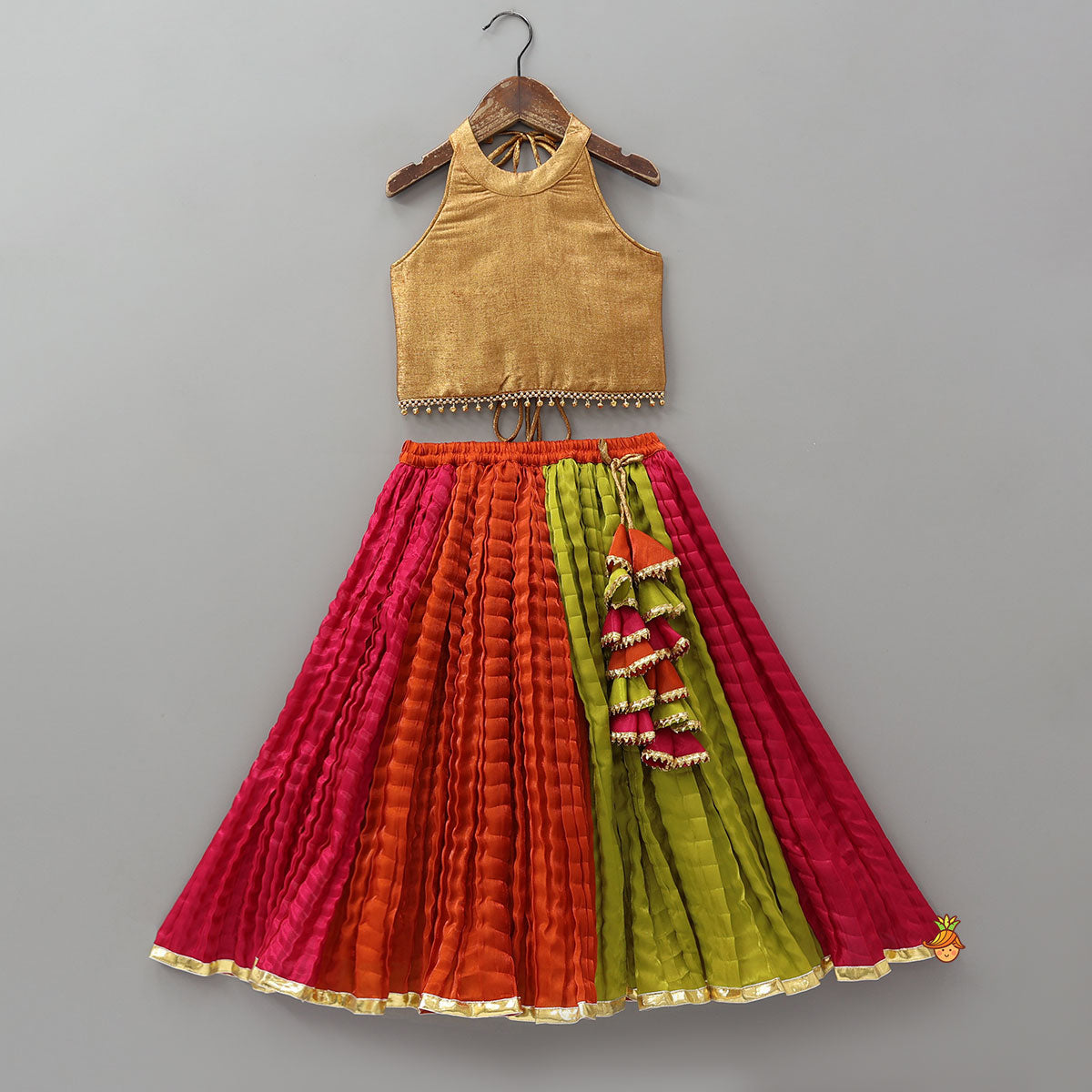 Sheen Finish Halter Neck Crop Top With Crushed Lehenga