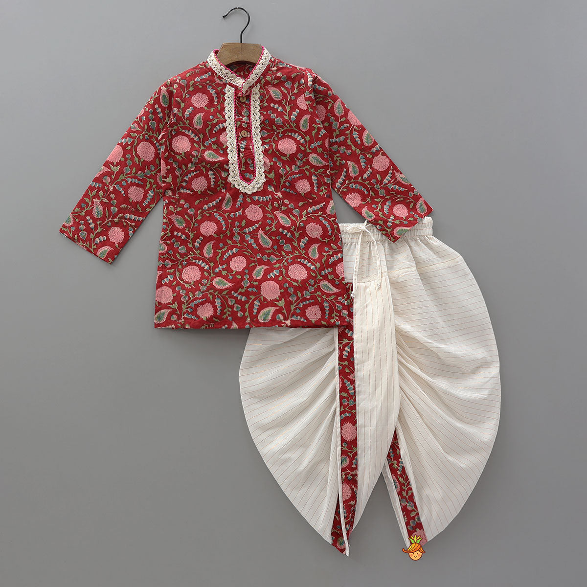 Hand Block Floral Printed Stylish Kurta And Lurex Striped Dhoti
