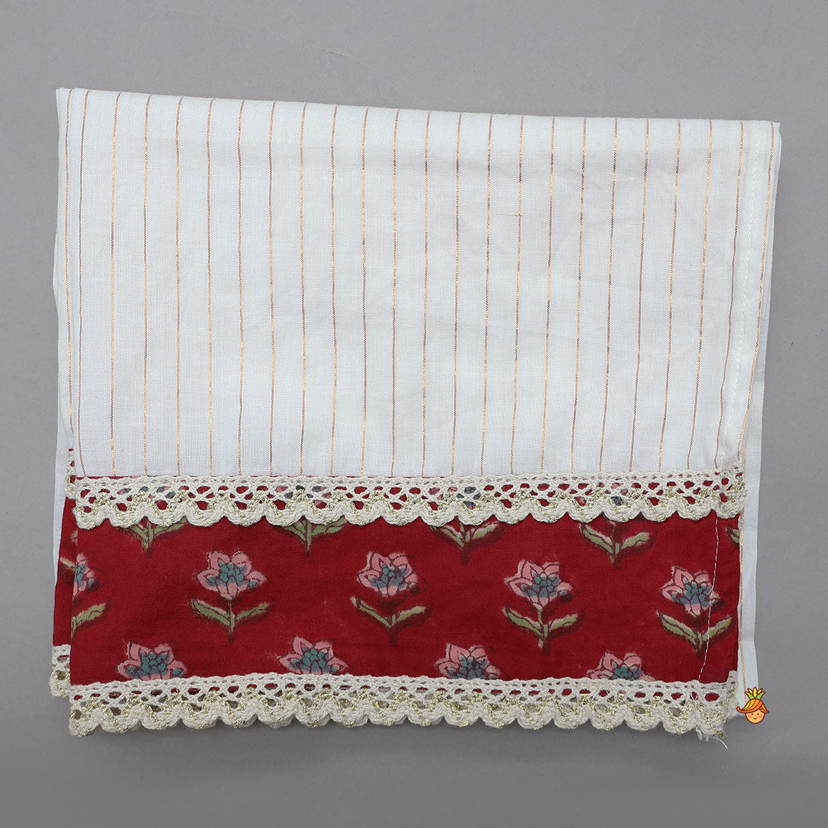 Lace Work Cotton Kurti With Flared Lehenga And Lurex Striped Dupatta