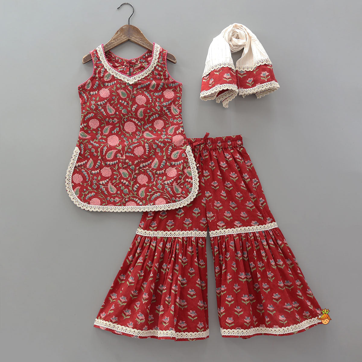 Hand Block Floral Printed Cotton Kurti With Sharara And Contrasting Dupatta