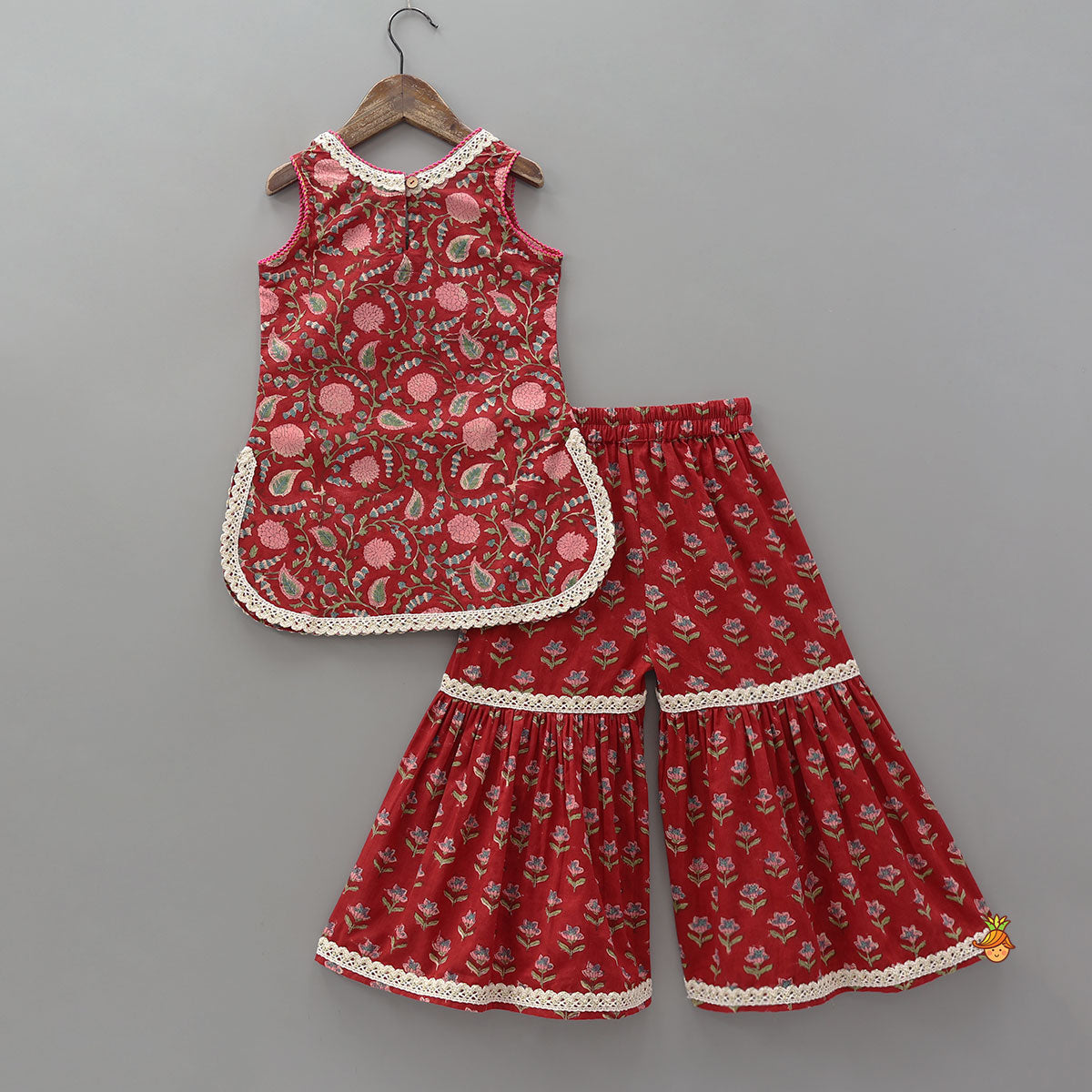 Hand Block Floral Printed Cotton Kurti With Sharara And Contrasting Dupatta