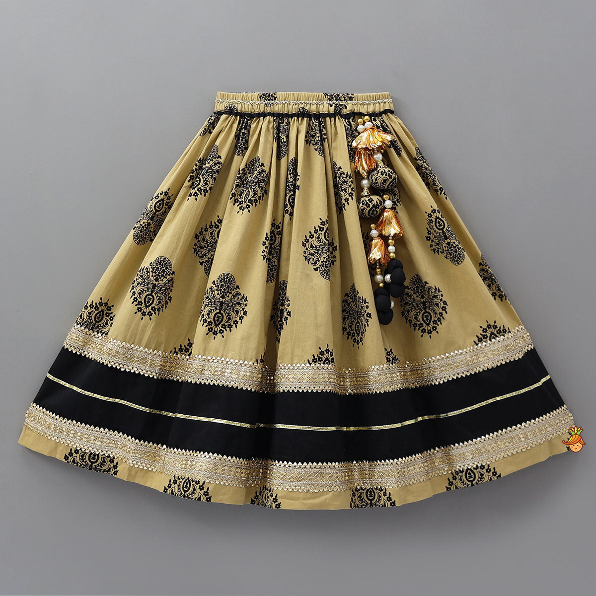 Lace Detailed Crop Top With Printed Lehenga And Dupatta