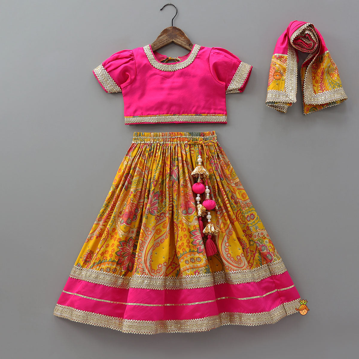 Lace Detailed Top With Paisley Printed Lehenga And Dupatta