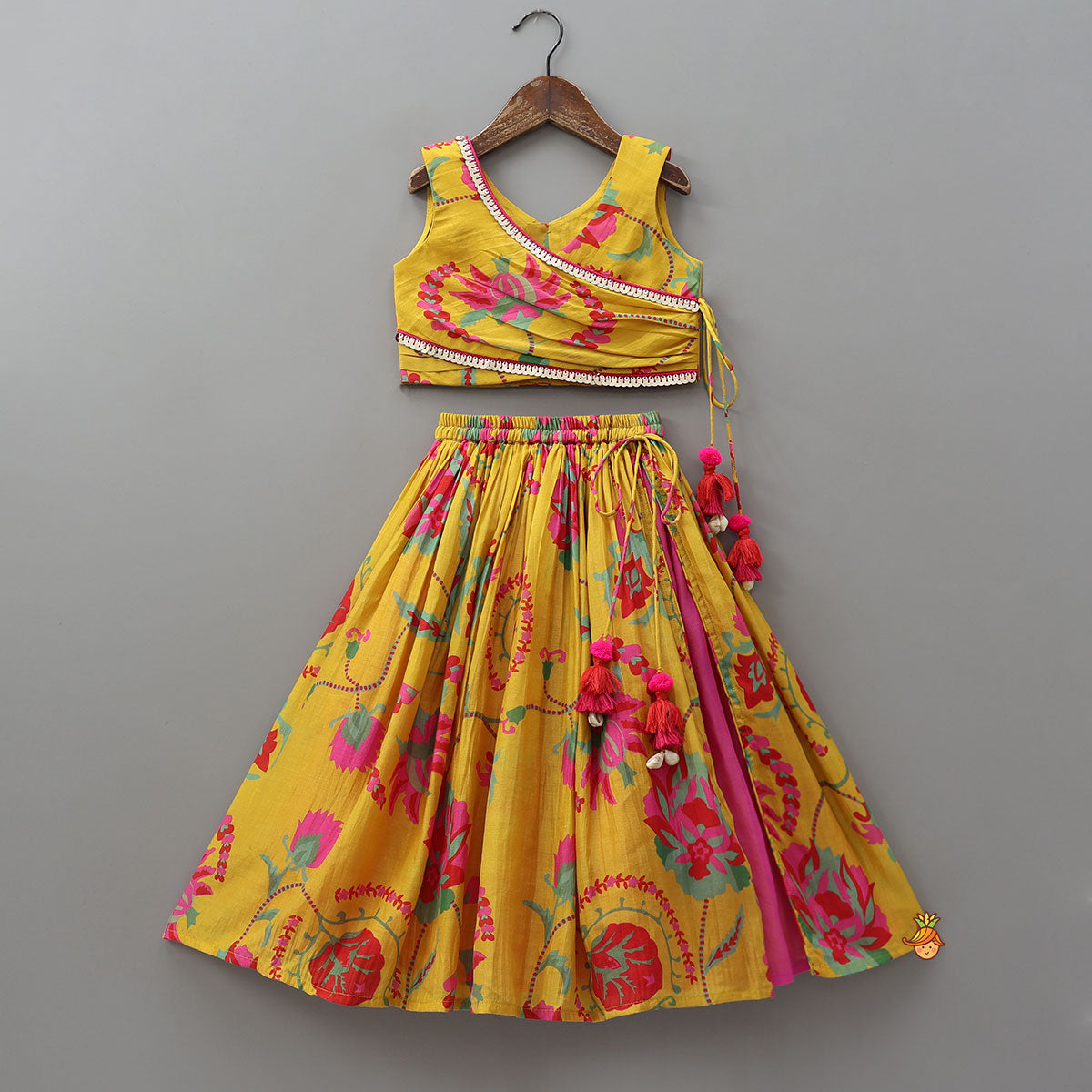 Floral Printed Angrakha Style Crop Top With Layered Lehenga