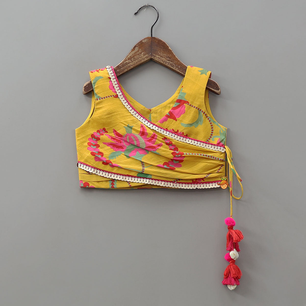 Floral Printed Angrakha Style Crop Top With Layered Lehenga