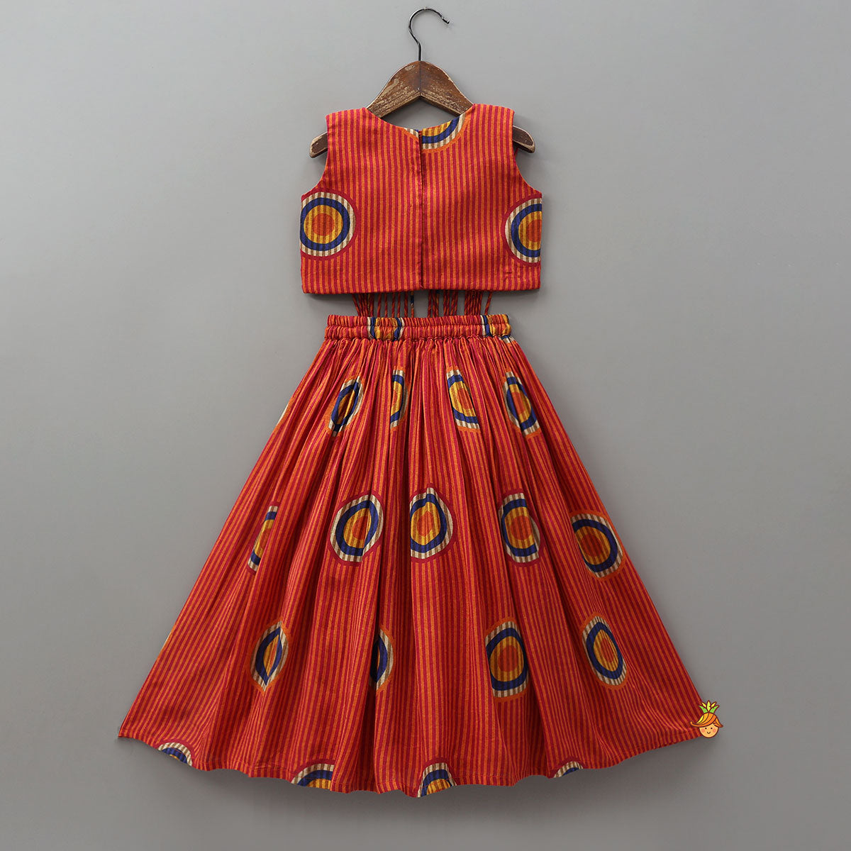 Fringes Adorned Striped Crop Top With Printed Lehenga