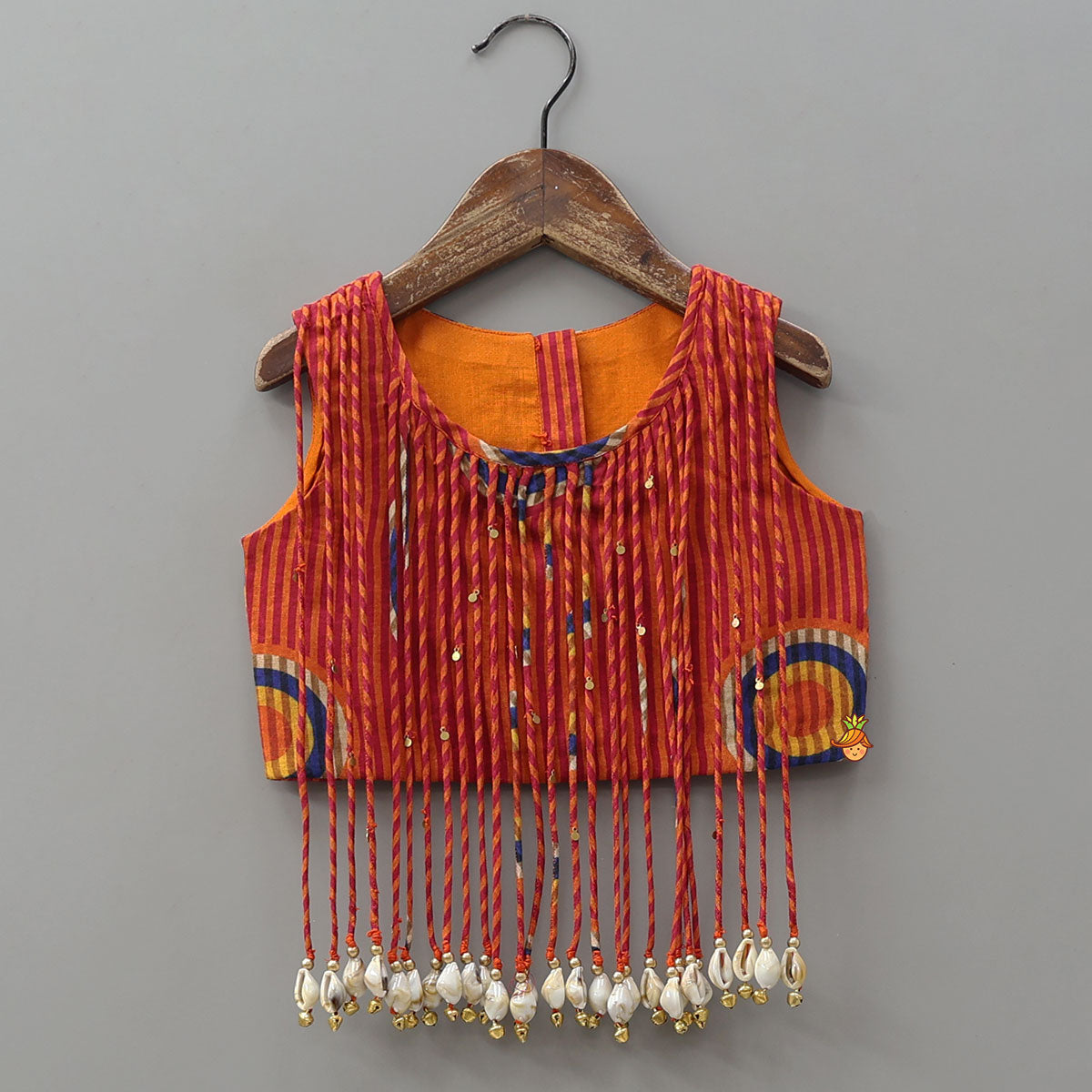 Fringes Adorned Striped Crop Top With Printed Lehenga