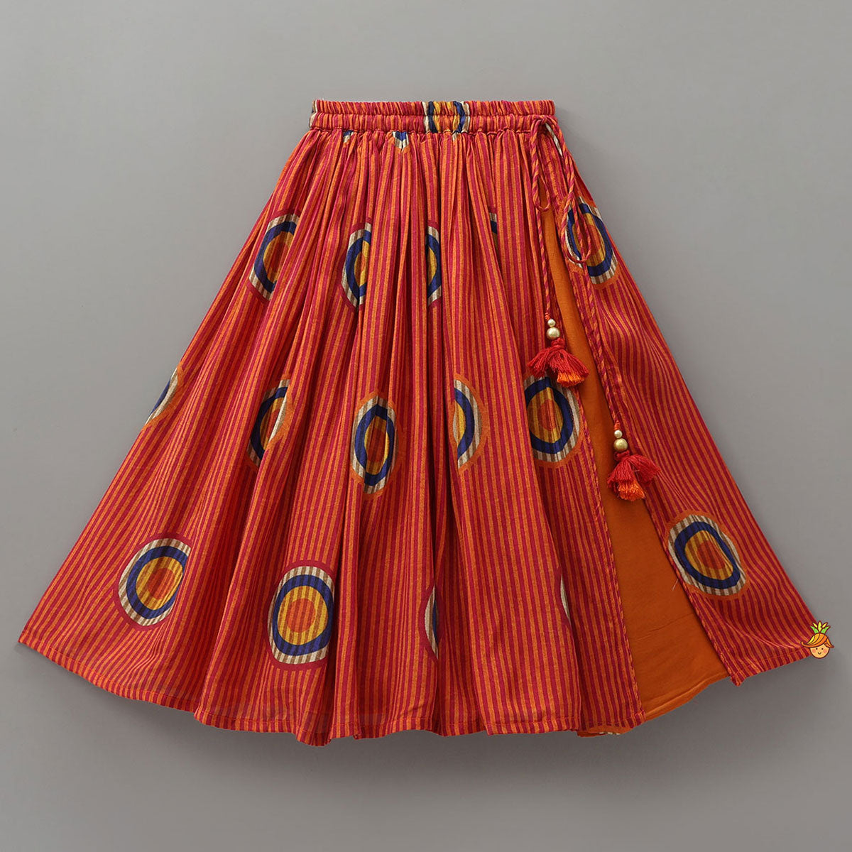 Fringes Adorned Striped Crop Top With Printed Lehenga