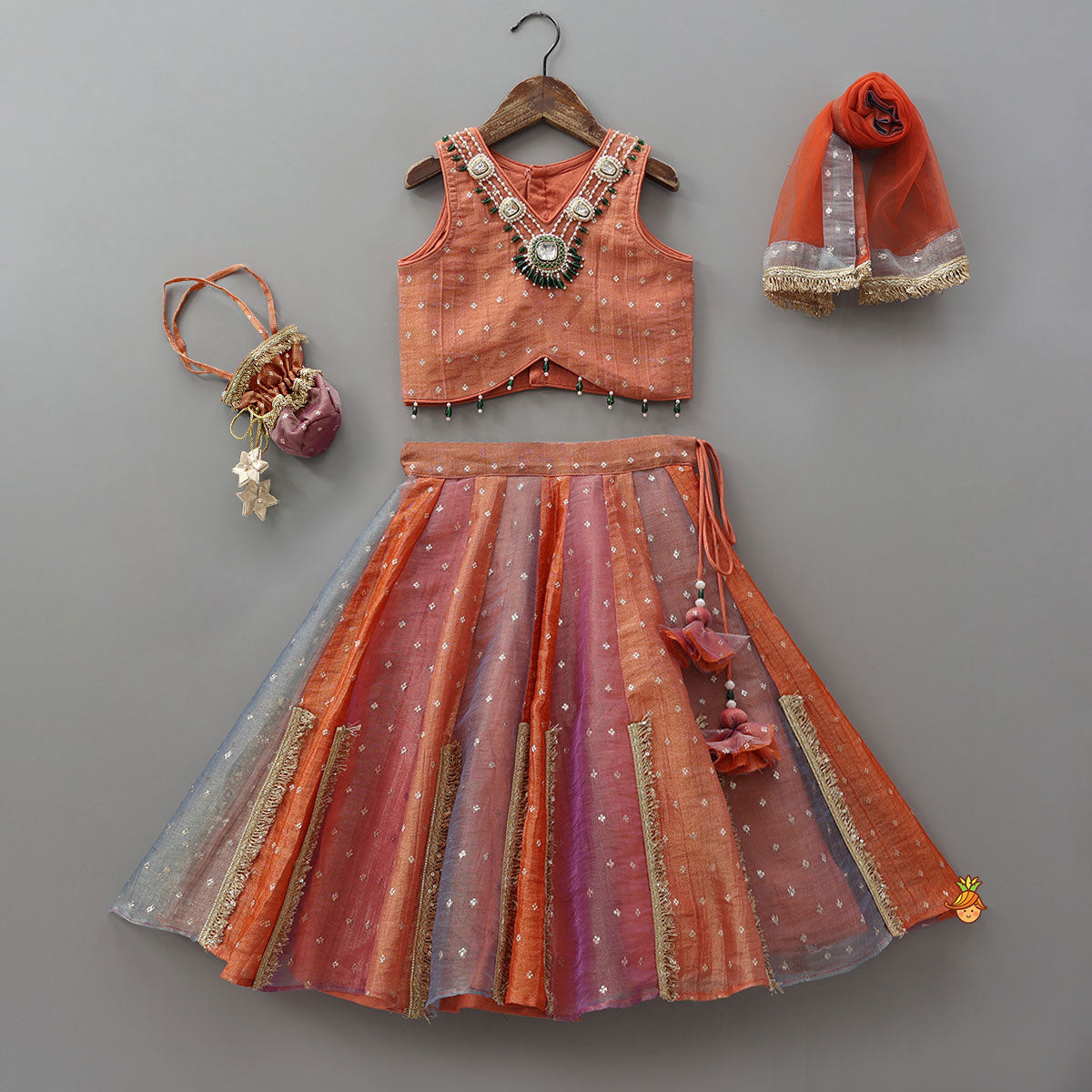 Statement Beaded Top And Lace Detailed Panelled Lehenga With Dupatta And Matching Potli Bag