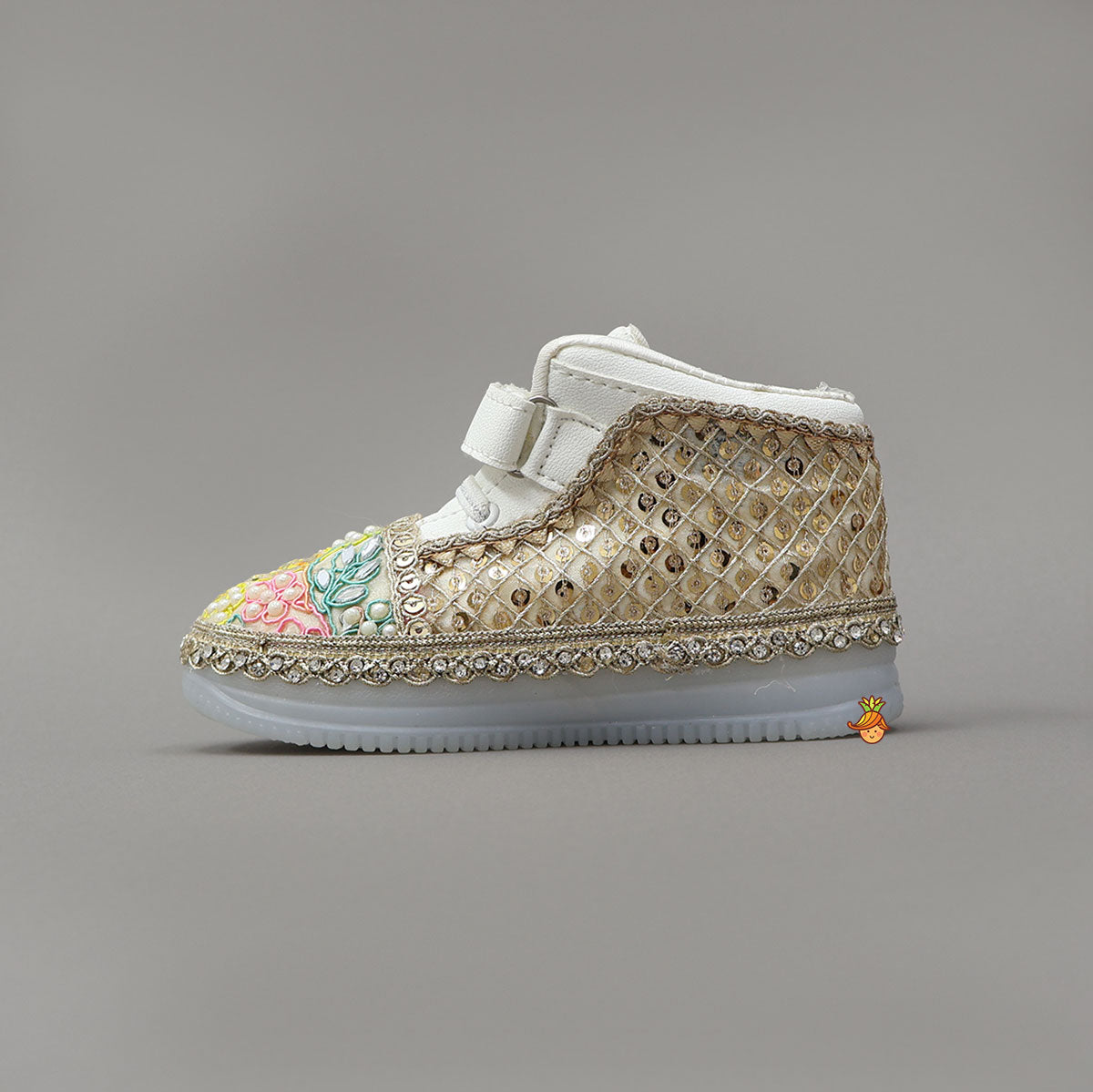 Festive Floral Embroidered Lace Fashionable Shoes With Mirror Detailing