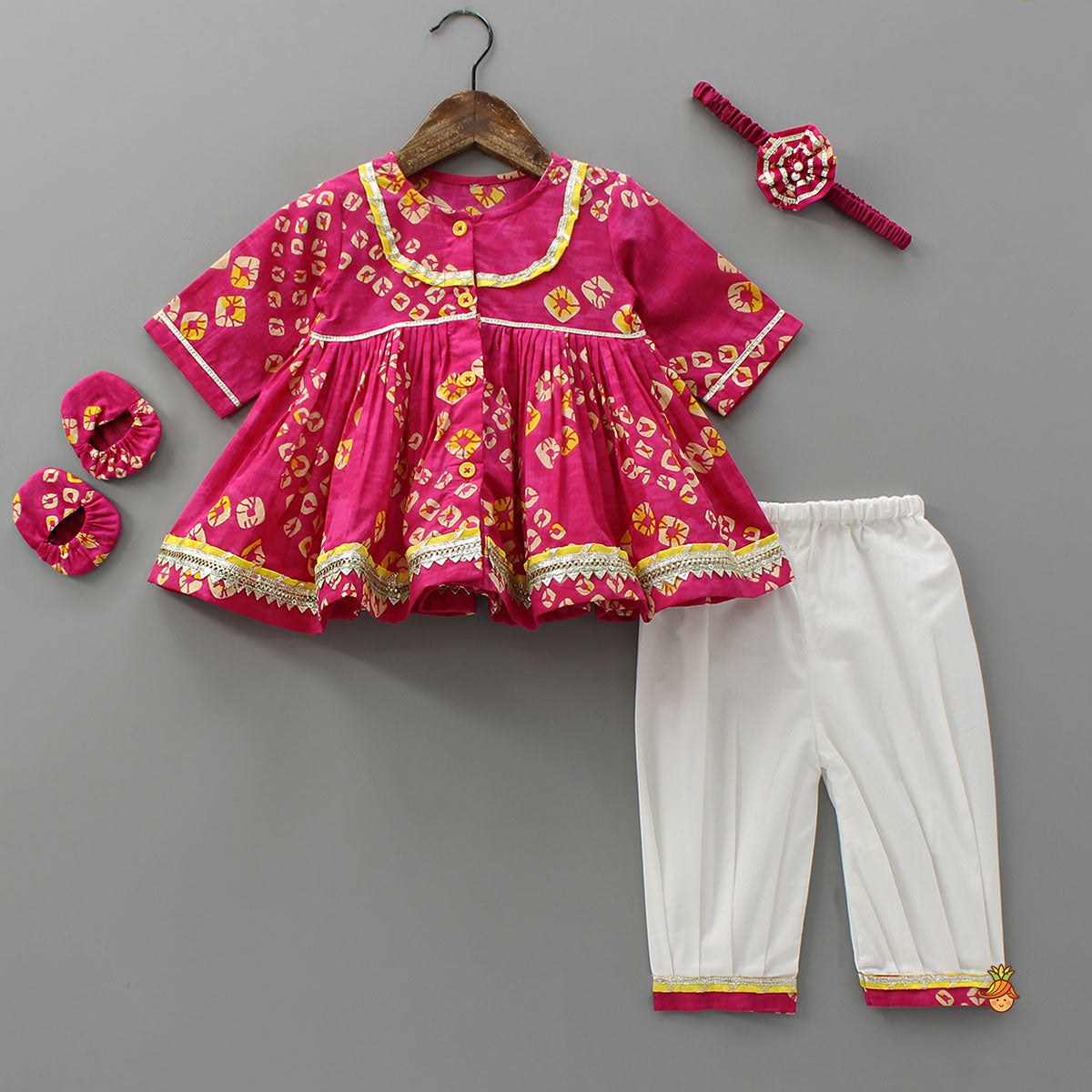 Bandhani Printed Gota Lace Detailed Kurti And Salwar With Matching Booties And Elasticated Headband