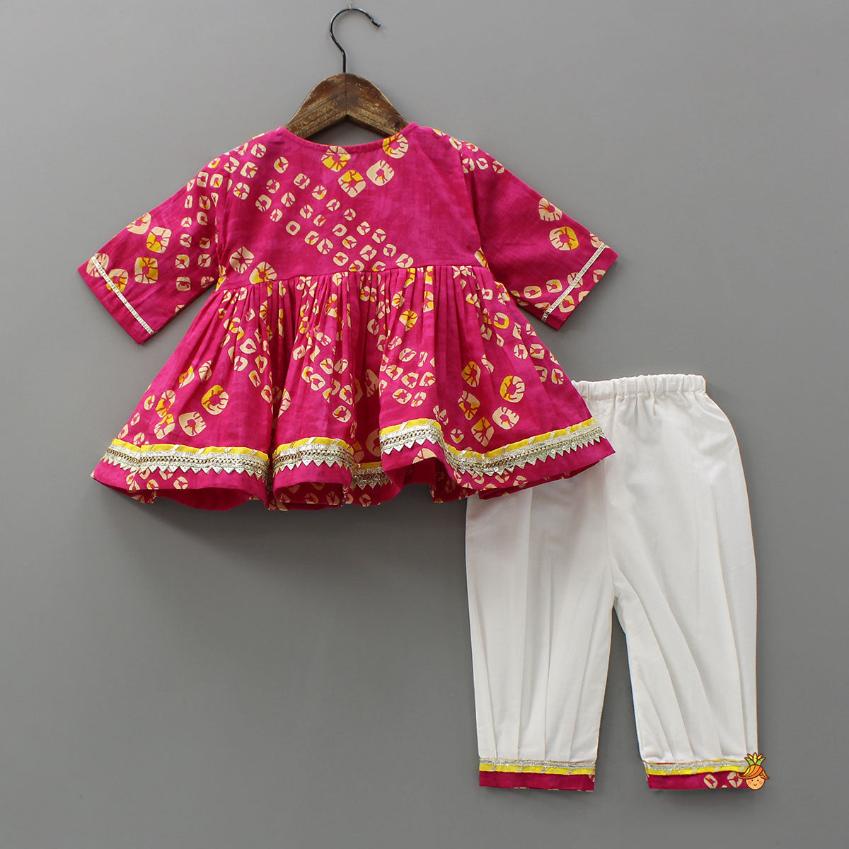 Bandhani Printed Gota Lace Detailed Kurti And Salwar With Matching Booties And Elasticated Headband