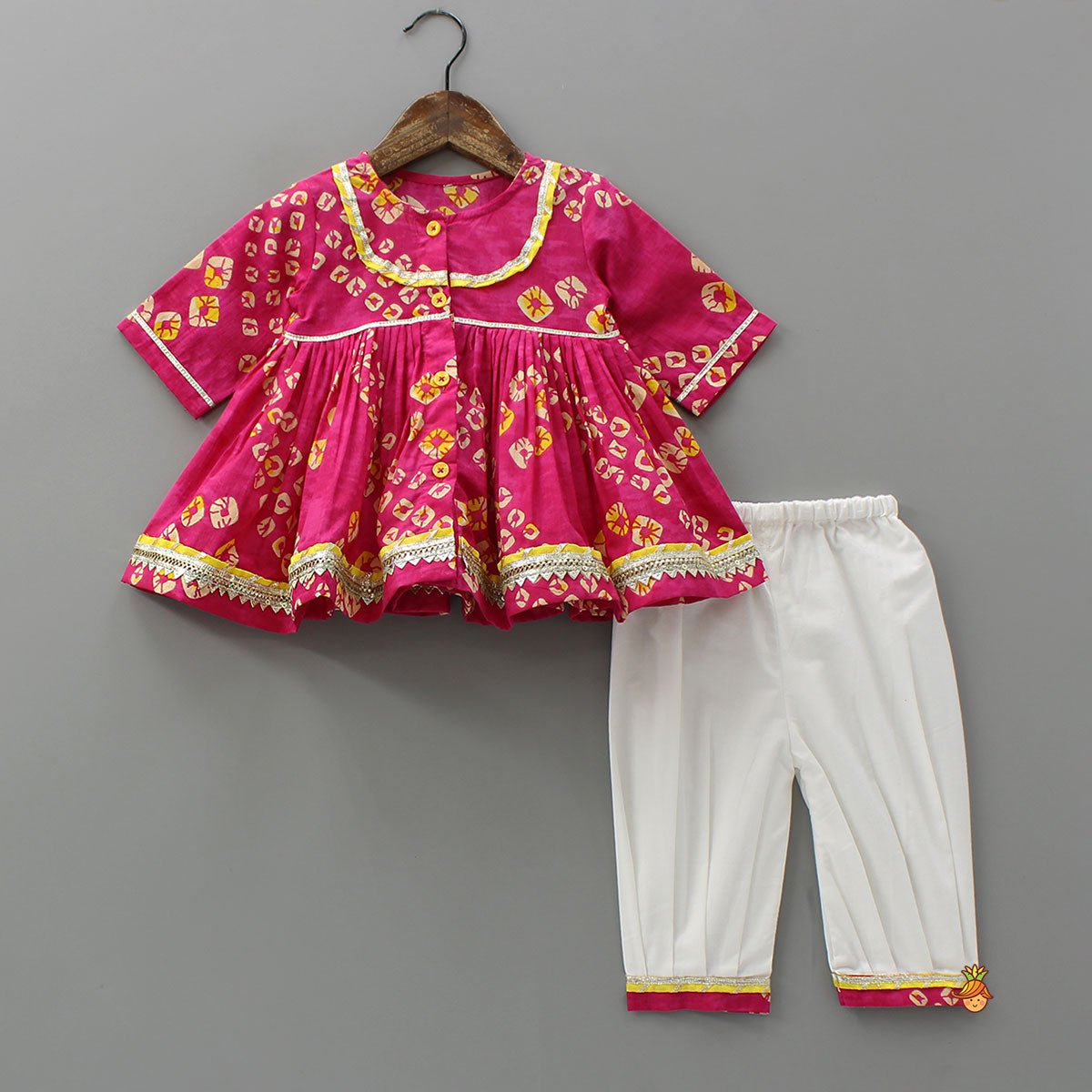 Bandhani Printed Gota Lace Detailed Kurti And Salwar With Matching Booties And Elasticated Headband
