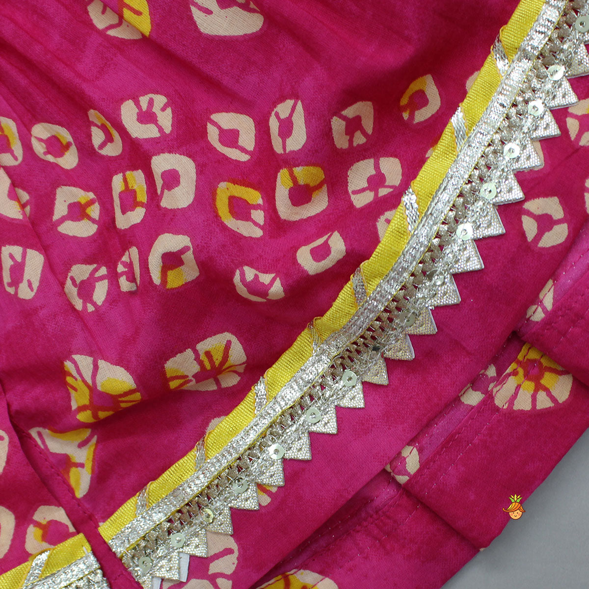 Bandhani Printed Gota Lace Detailed Kurti And Salwar With Matching Booties And Elasticated Headband
