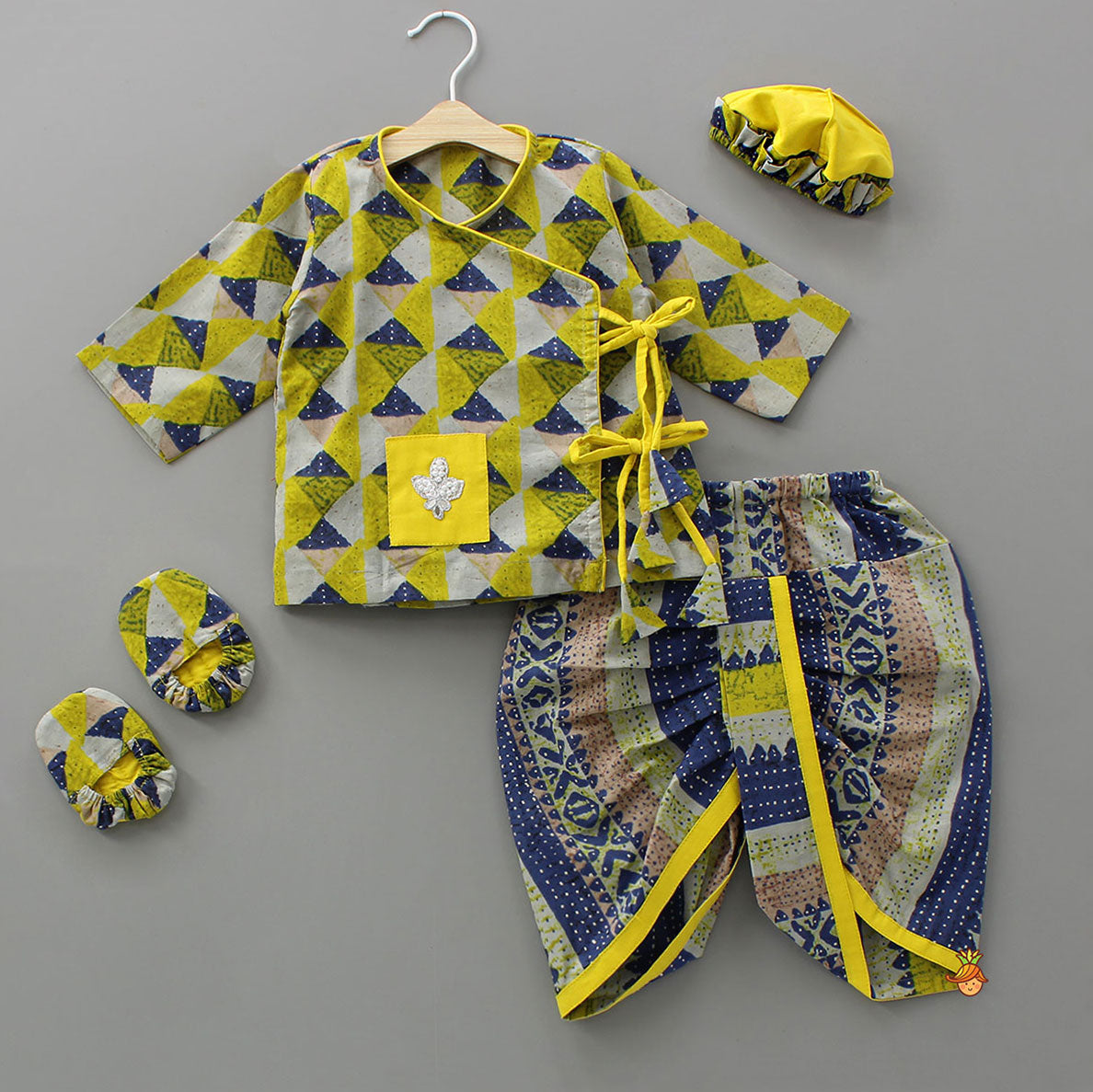Geometric Print Angrakha Kurta And Dhoti With Matching Cap And Booties