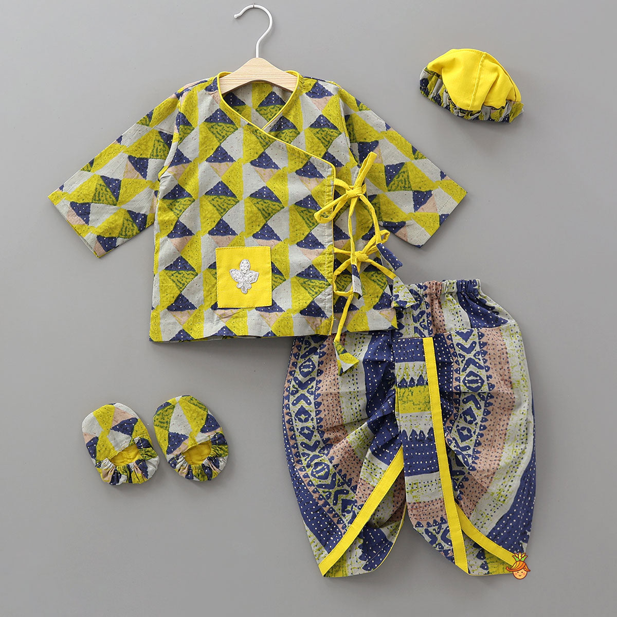 Geometric Print Angrakha Kurta And Dhoti With Matching Cap And Booties