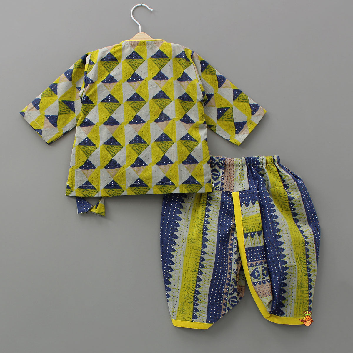 Geometric Print Angrakha Kurta And Dhoti With Matching Cap And Booties