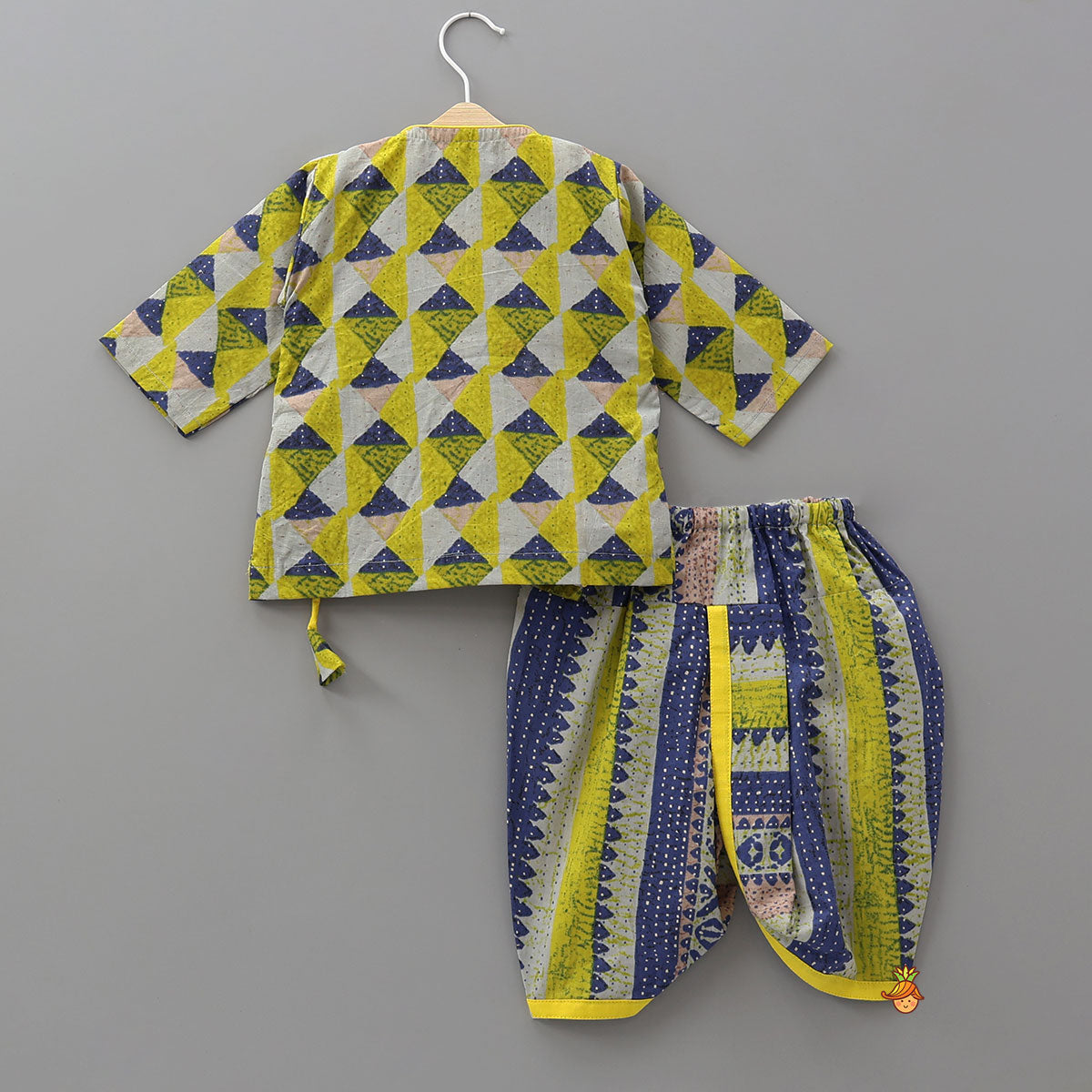 Geometric Print Angrakha Kurta And Dhoti With Matching Cap And Booties