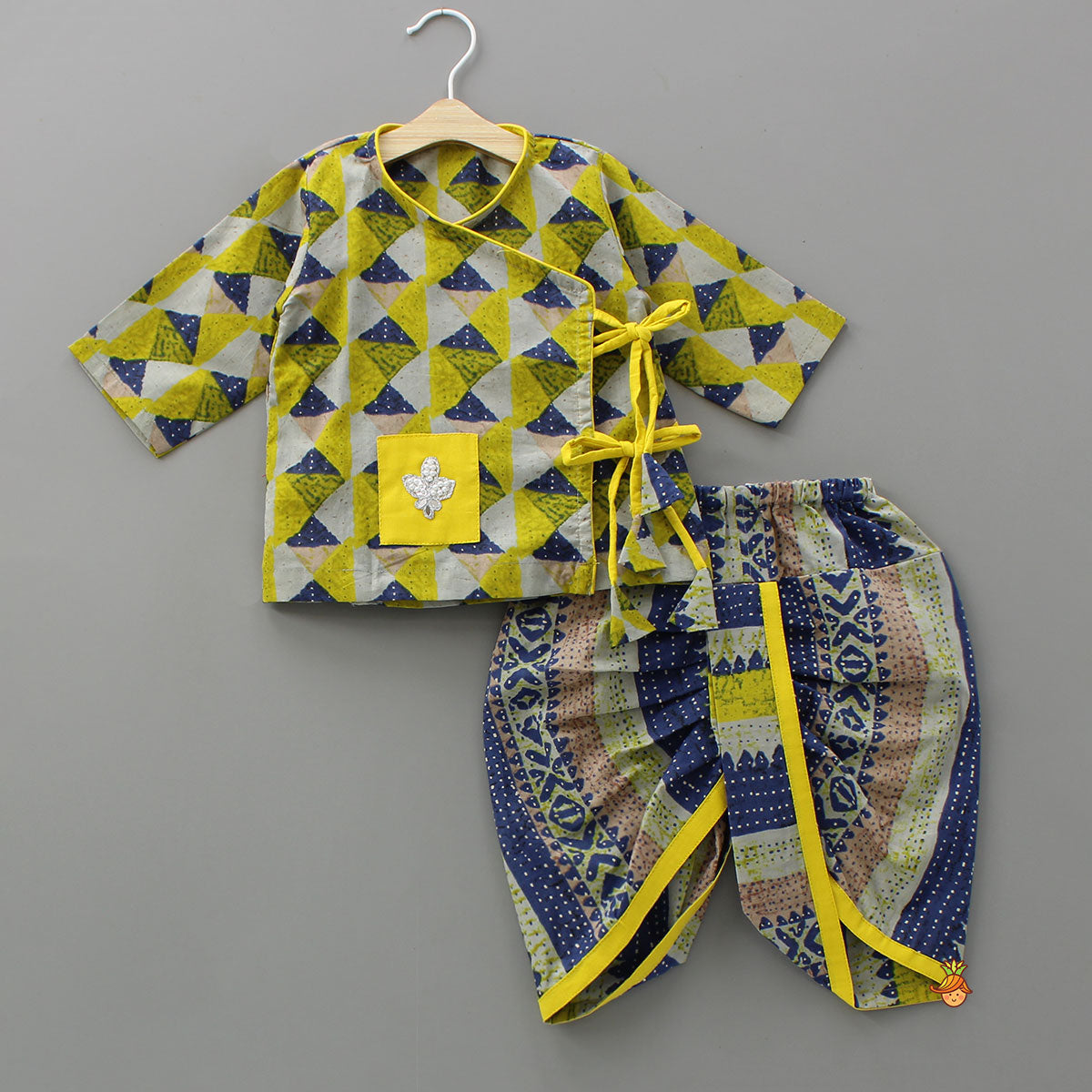 Geometric Print Angrakha Kurta And Dhoti With Matching Cap And Booties