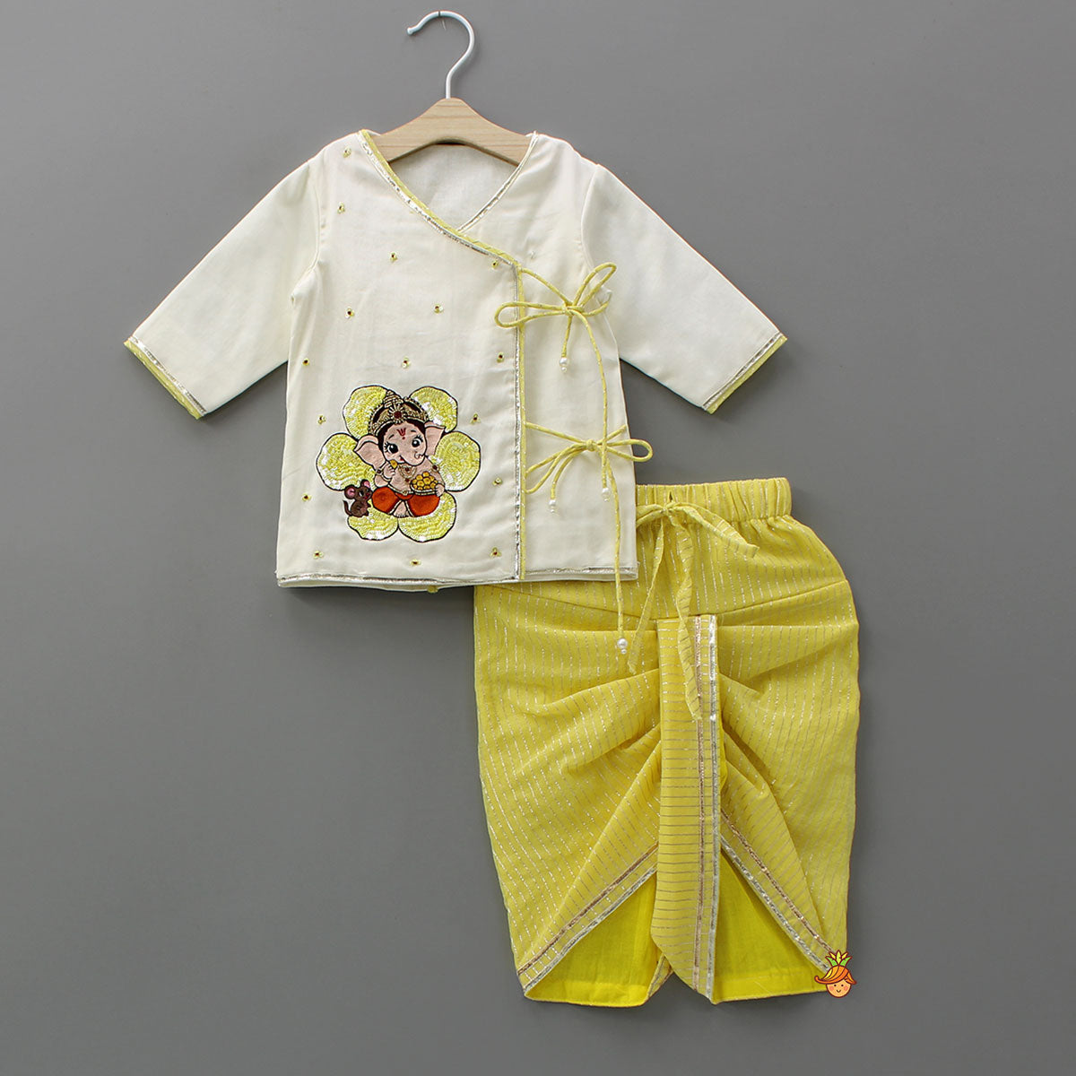 Ganesha Embroidered Angrakha Kurta With Striped Dhoti