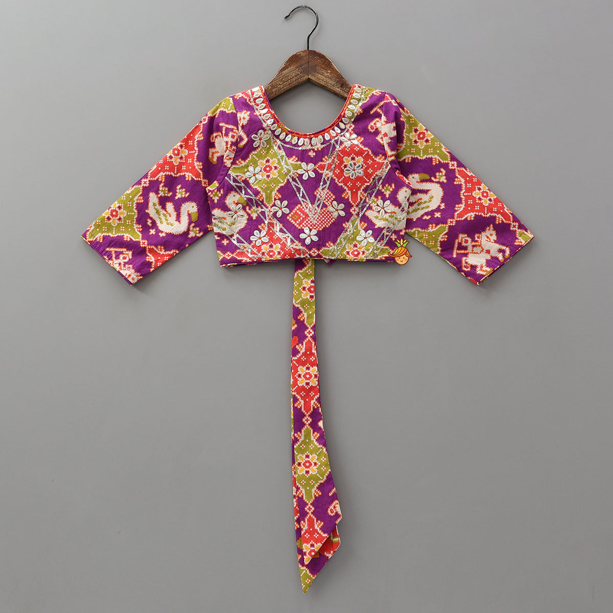 Patola Inspired Printed Crop Top With Flared Lehenga And Dupatta