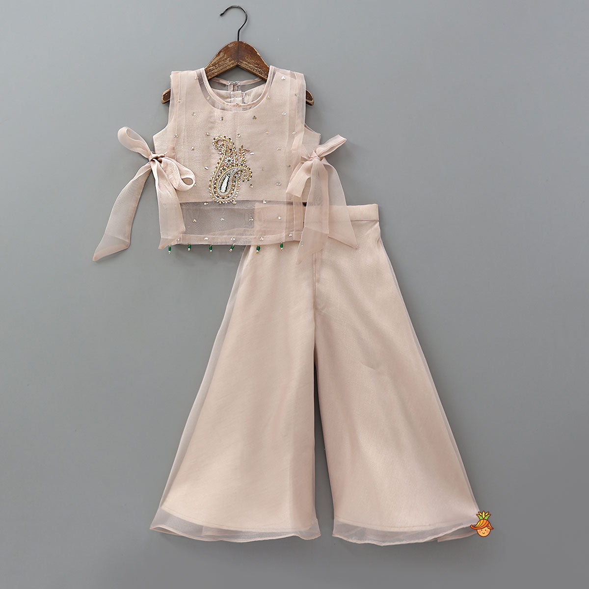 Round Neck Inner Top With Jacket Style Tie Up Shimmery Top And Palazzo