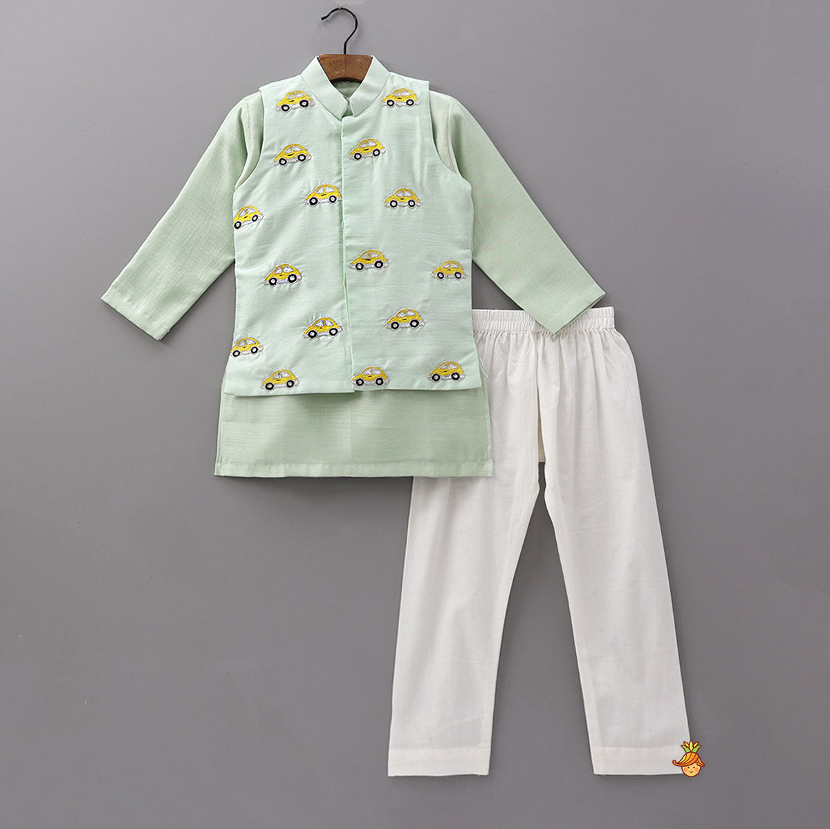 Kurta With Cute Car Motif Embroidered Jacket And Pyjama