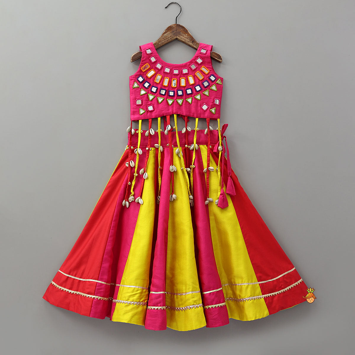 Mirror Embroidered Top Paired With Panelled Flared Lehenga