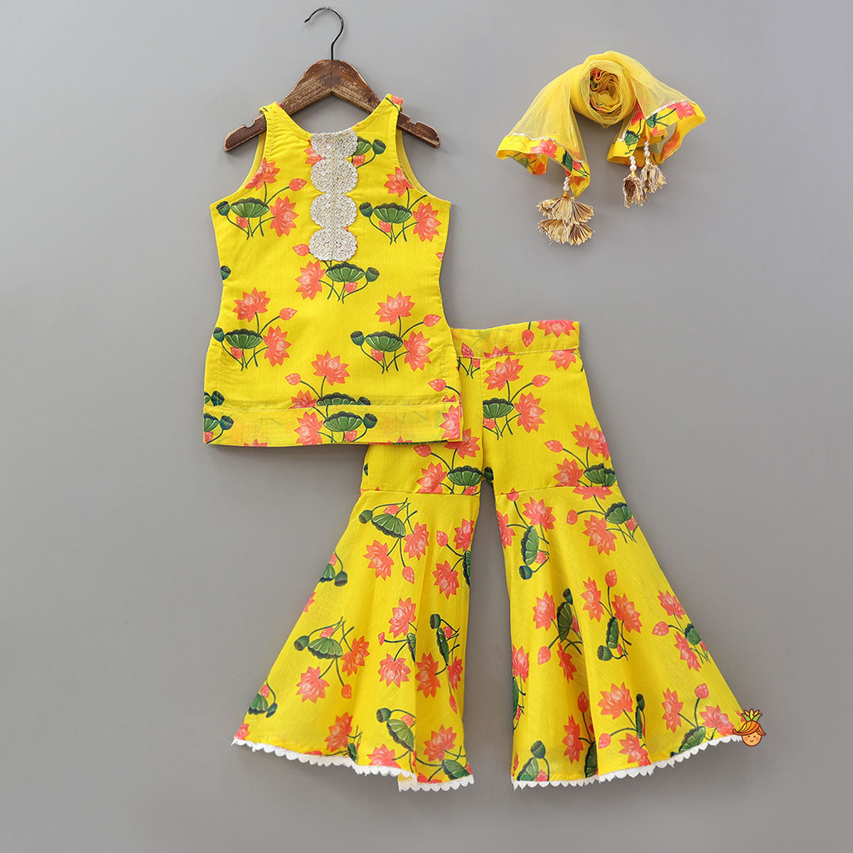 Lace Work Yoke Kurti And Sharara With Matching Dupatta