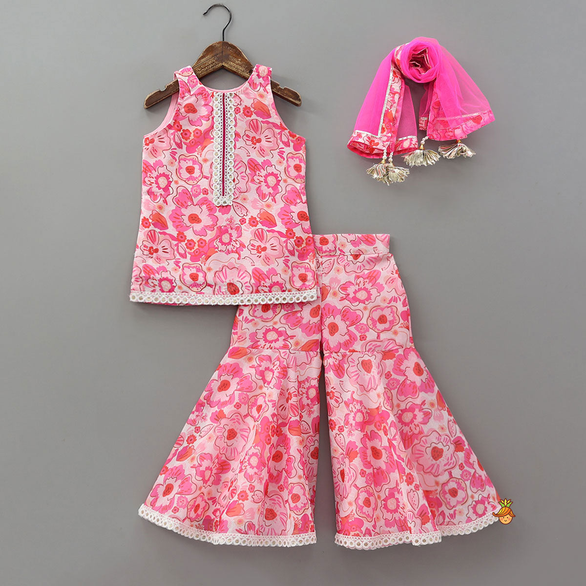 Charming Floral Printed Kurti And Matching Sharara With Dupatta