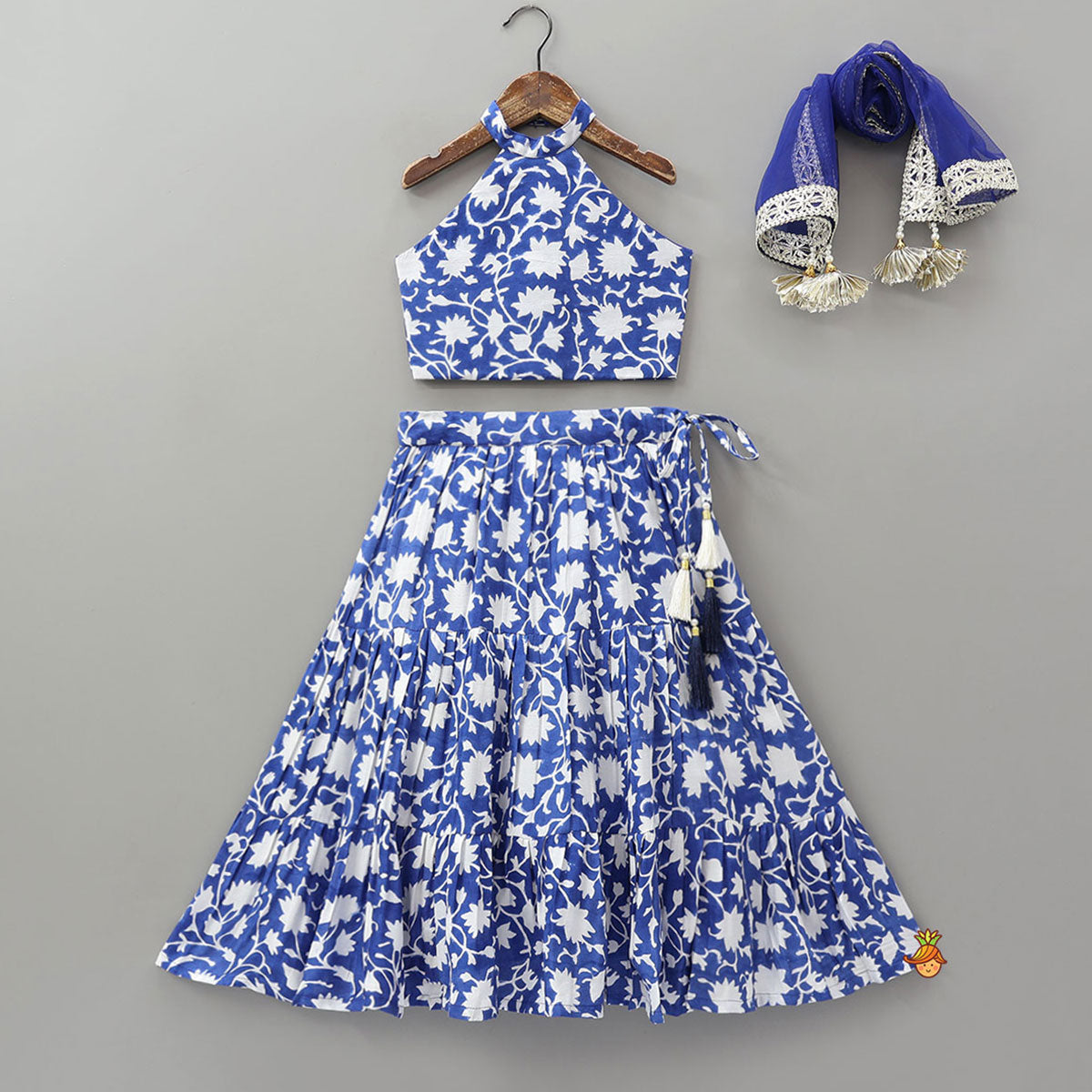 Halter Neck Printed Crop Top And Tiered Lehenga With Dupatta