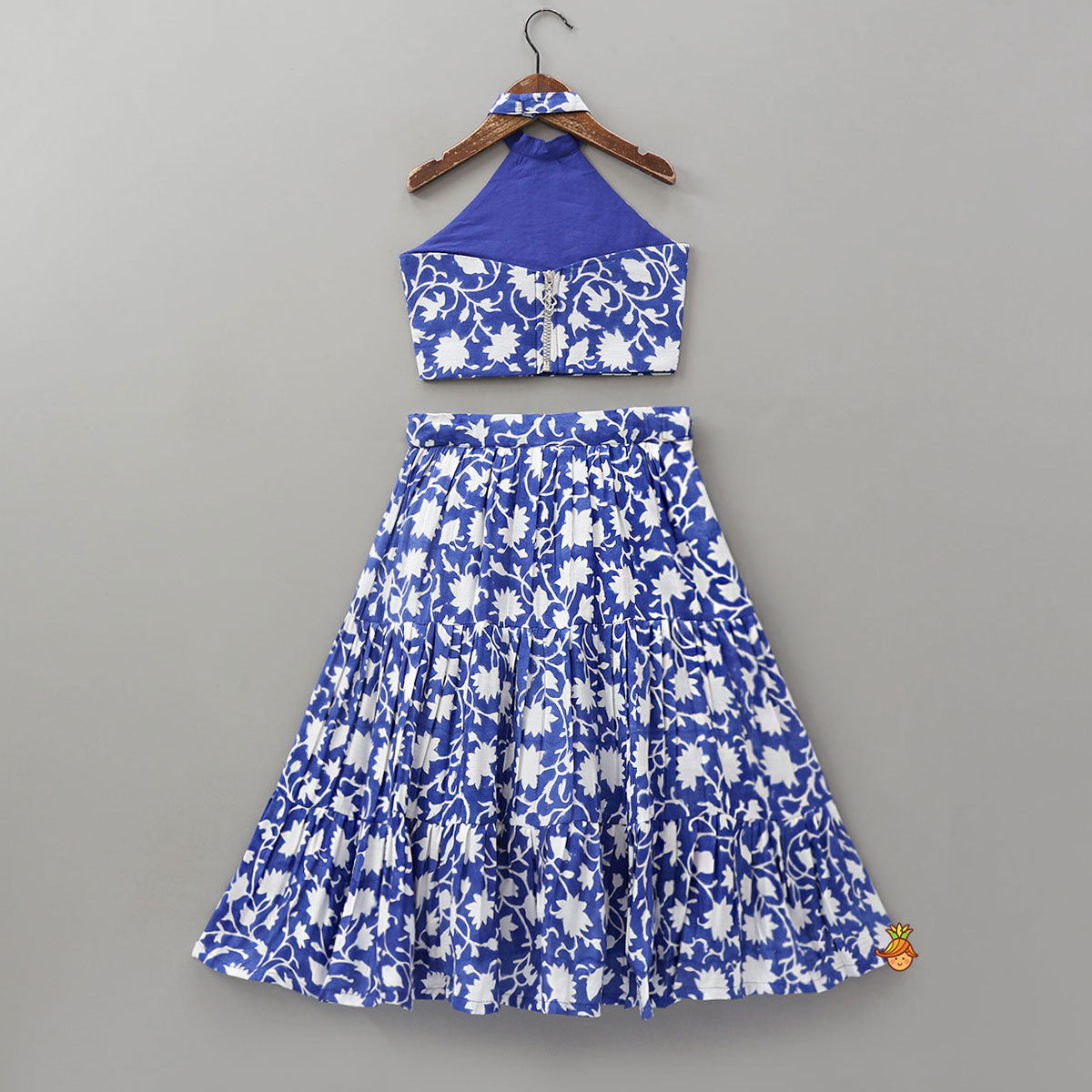 Halter Neck Printed Crop Top And Tiered Lehenga With Dupatta