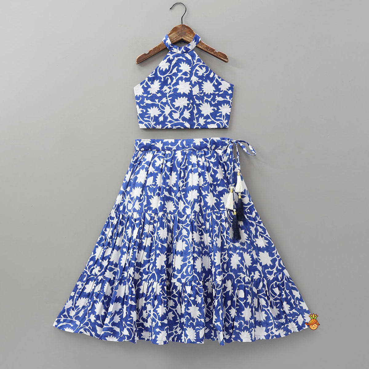 Halter Neck Printed Crop Top And Tiered Lehenga With Dupatta