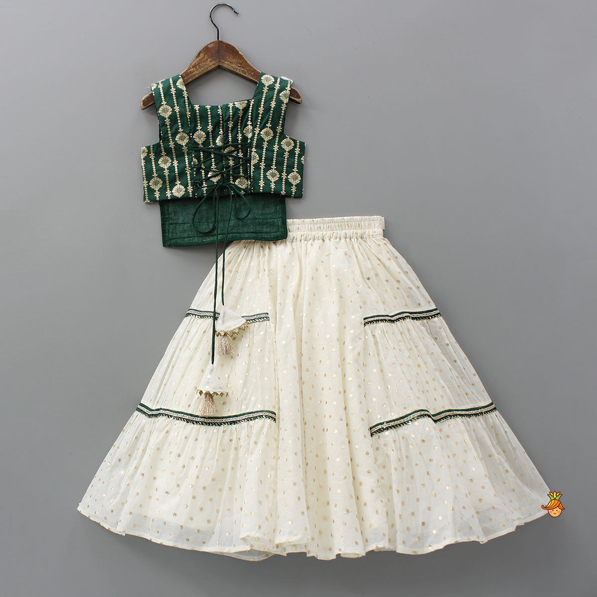 Foil Printed Corset Top With Tiered Lehenga And Dupatta