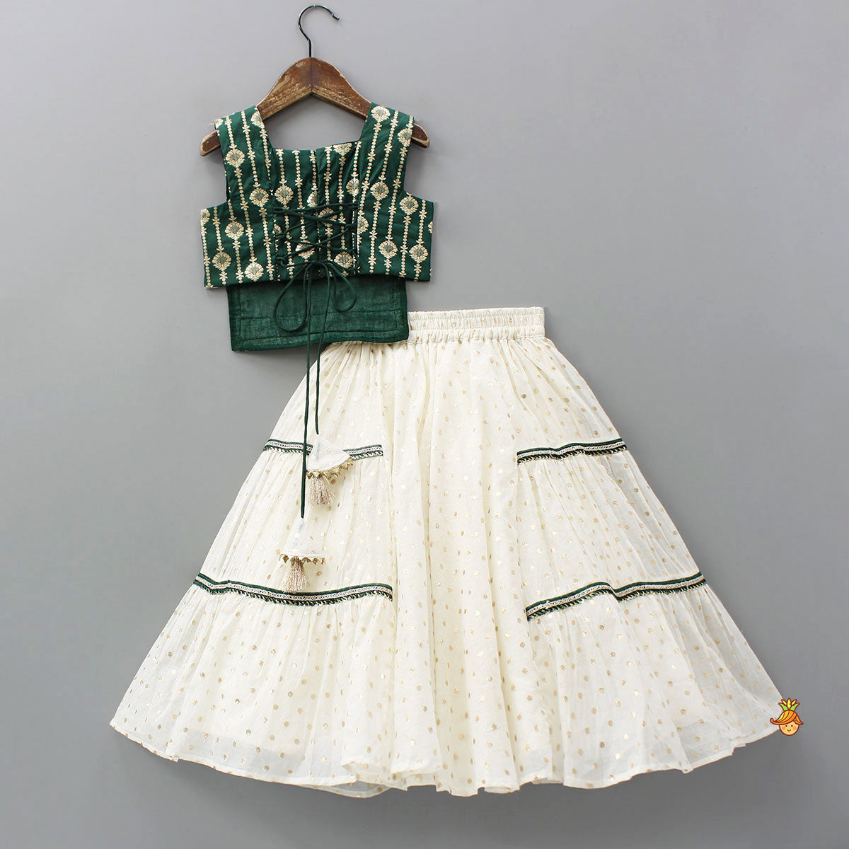 Foil Printed Corset Top With Tiered Lehenga And Dupatta