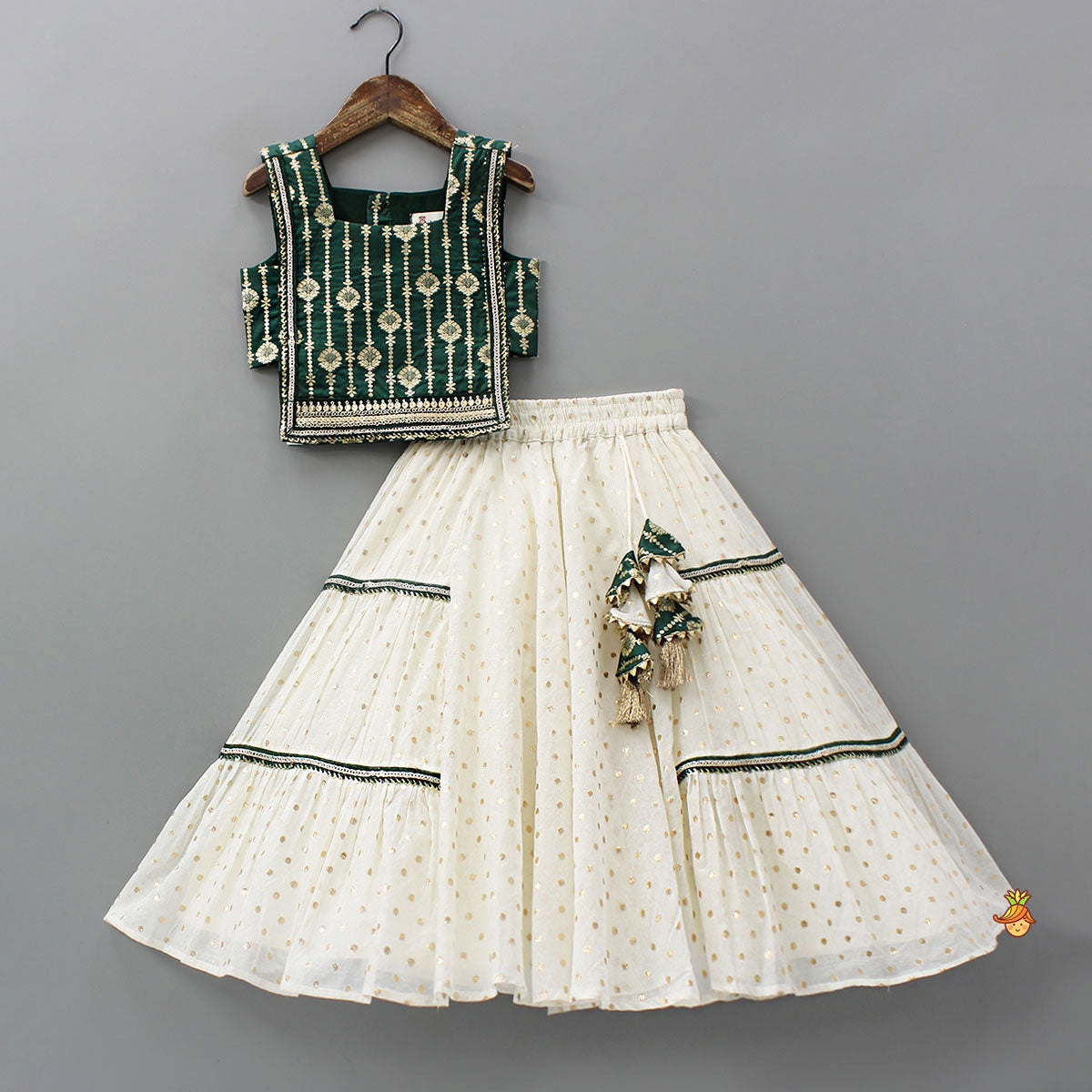 Foil Printed Corset Top With Tiered Lehenga And Dupatta