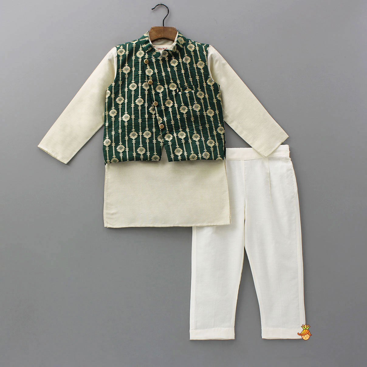 Kurta With Printed Asymmetrical Overlap Jacket And Pyjama