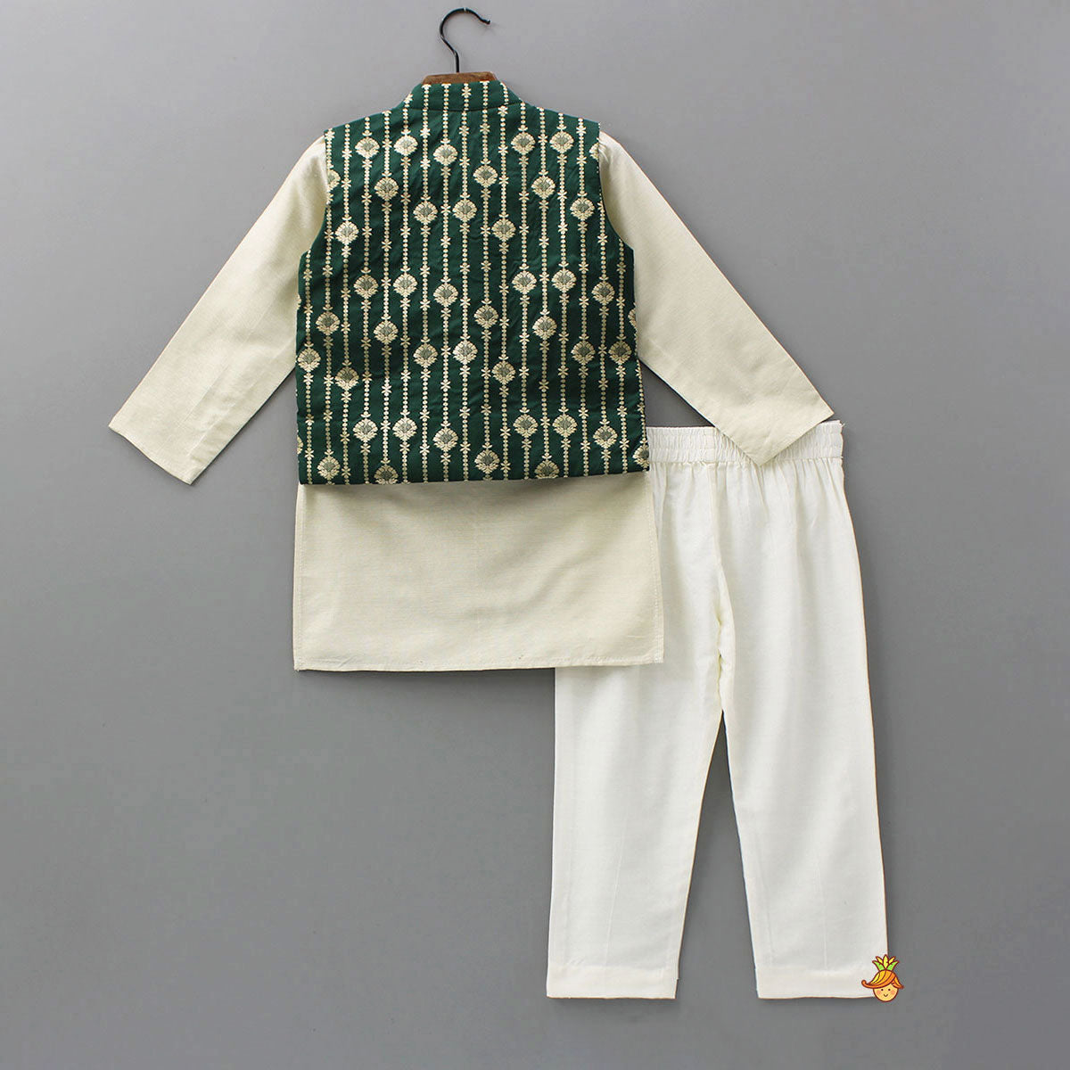 Kurta With Printed Asymmetrical Overlap Jacket And Pyjama