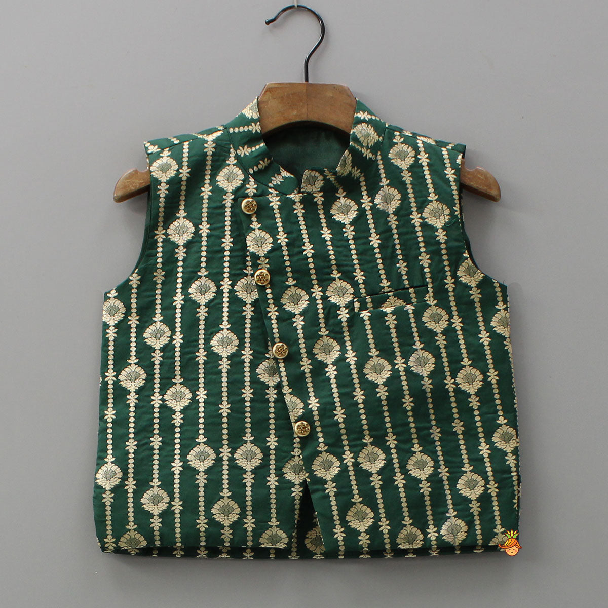 Kurta With Printed Asymmetrical Overlap Jacket And Pyjama