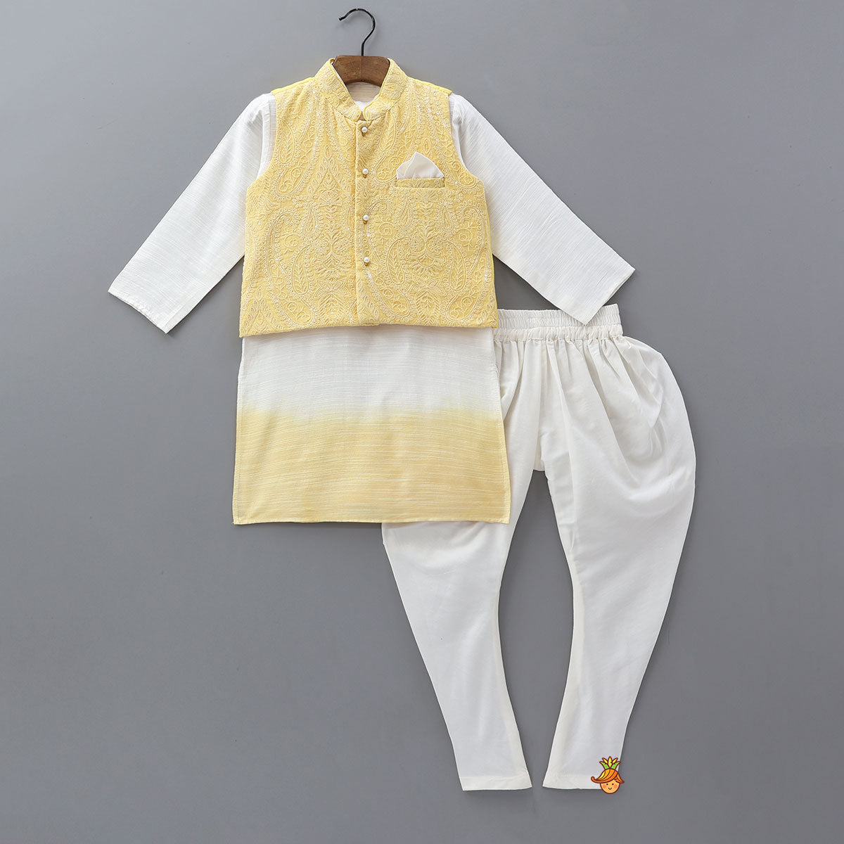 Ombre Kurta With Paisley Chikankari Inspired Jacket And Churidar